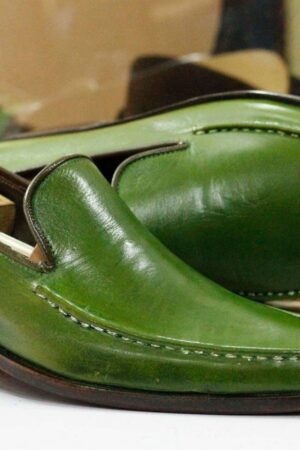 Handmade Green Leather Loafers  Square Toe Dress Slippers for Men's Parties