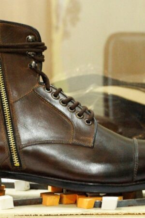 Men's Handmade Brown Leather Boots  Cap Toe, Side Zip & Goodyear Welted