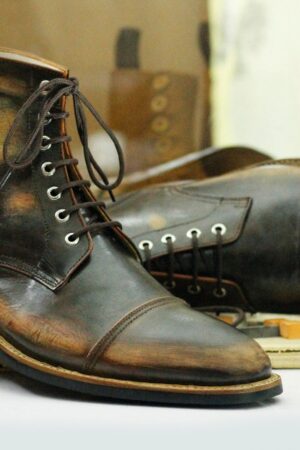 Handcrafted Brown Rub-Off Leather Cap Toe Boots | Goodyear Welted Ankle Boots for Men