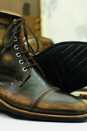 Handcrafted Brown Rub-Off Leather Cap Toe Boots | Goodyear Welted Ankle Boots for Men