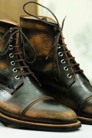 Handcrafted Brown Rub-Off Leather Cap Toe Boots | Goodyear Welted Ankle Boots for Men