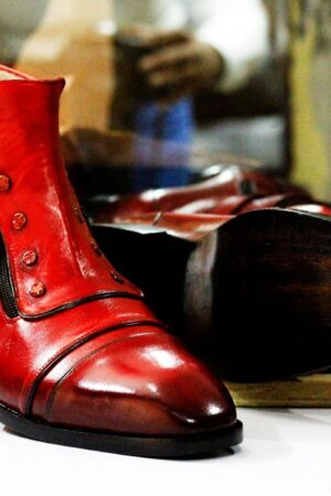 Handmade Leather Boots  Red Dress Boots, Button & Zipper Ankle Boots - Goodyear Welted