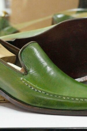 Handmade Green Leather Loafers  Square Toe Dress Slippers for Men's Parties