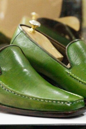 Handmade Green Leather Loafers  Square Toe Dress Slippers for Men's Parties