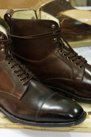 Men's Handmade Brown Leather Boots  Cap Toe, Side Zip & Goodyear Welted