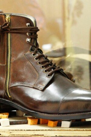 Men's Handmade Brown Leather Boots  Cap Toe, Side Zip & Goodyear Welted