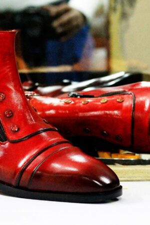 Handmade Leather Boots  Red Dress Boots, Button & Zipper Ankle Boots - Goodyear Welted