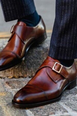 Handmade Brown Leather Strap Shoes for Men | Designer Buckle Loafers