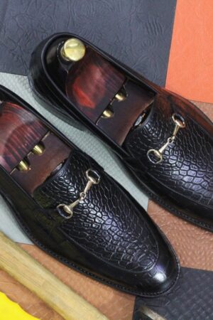 Luxury Black Alligator Texture Leather Loafers - Handmade Men's Dress Moccasins