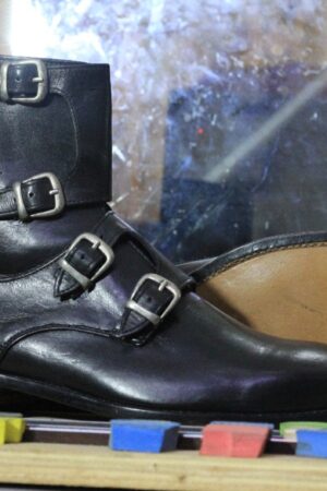 Handmade Black Leather Monk Strap Boots for Men | Stylish Ankle Boots