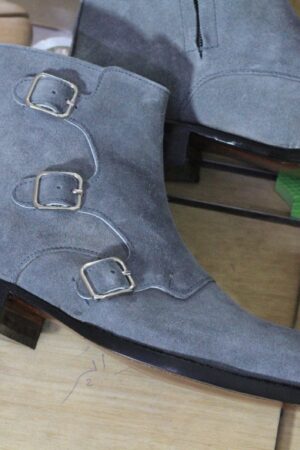 Men's Gray Suede & Leather Monk Strap Ankle Boots - Handmade Style