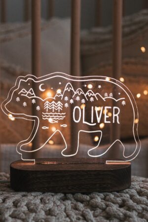 Personalized Night Light Woodland Nursery Decor Custom Birthday Gift For Kids Baby Night Light With Name Cute Baptism Boy Gift Acrylic Bear