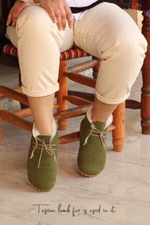 Green Nubuck Shearling Ankle Boots  Women's Barefoot Fur Booties for Grounding Comfort