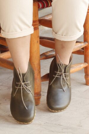 Grounded Green  Handmade Leather Barefoot Boots - Women's Crazy Olive Ankle Booties