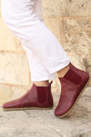 Chelsea Barefoot Boots Women's Crazy Burgundy Leather - Handmade Zero Drop