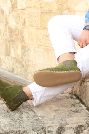 Green Nubuck Wide Toe Chelsea Boots for Women | Barefoot Comfort & Style