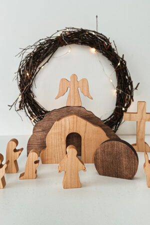 Wooden Resurrection Scene With Engraving on the Tomb. Reusable Easter Decor.