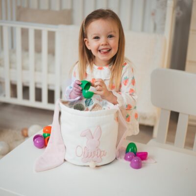 Bunny Shape Easter Basket. Baby Easter Gift Basket. Embroidered Girls Easter Basket. Personalized Easter Gifts For Kids. Egg Hunt Basket.