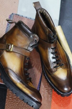 Two-Tone Leather Monk Strap Boots  Hand-Painted Ankle High Style for Men