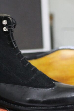 Handmade Black Wingtip Boots - Goodyear Welted Leather & Suede Ankle Boots for Men