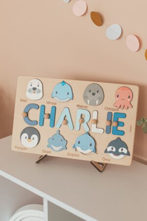 Animal Theme Baby Name Puzzle, Personalized Montessori Board, Easter Gifts For Kids, 2 Yers Old Gift, Stacking Stuffer Toy, Wooden Toys