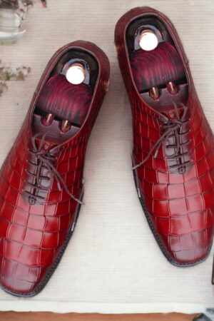 Handmade Blue Alligator Texture Leather Shoes - Whole Cut Lace-Up Dress Shoes