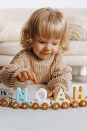 Boho Personalized Train | Train Name With Magnets First Birthday Gift Baby Toys Wooden Train With Railway Fidget Toys For Kids Nursery Decor