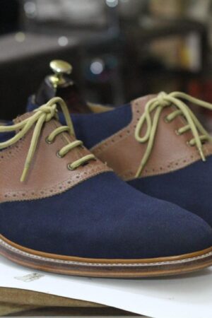 Navy & Brown Two-Tone Saddle Shoes - Handmade Leather Dress Casual Lace-Ups for Men