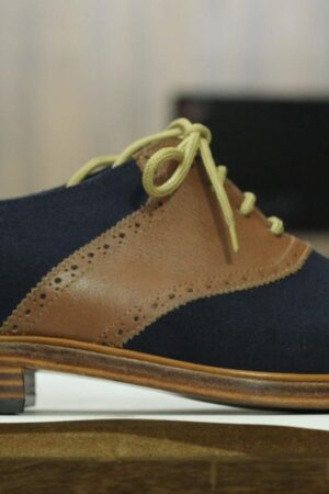 Navy & Brown Two-Tone Saddle Shoes - Handmade Leather Dress Casual Lace-Ups for Men