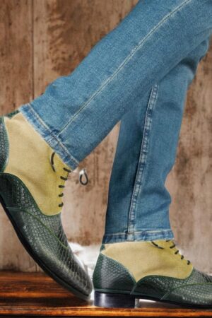 Men's Beige & Green Python Texture Leather Ankle Boots - Handmade Lace-Up Designer Style