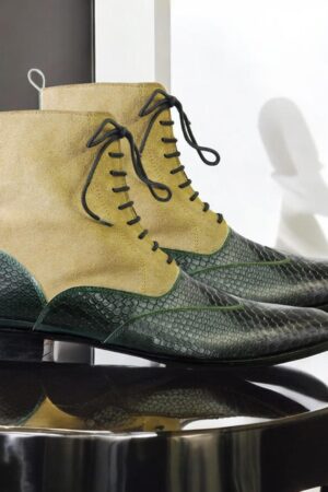 Men's Beige & Green Python Texture Leather Ankle Boots - Handmade Lace-Up Designer Style