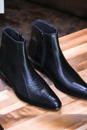 Handmade Black Leather Ankle Boots - Python Texture Zipper Boots